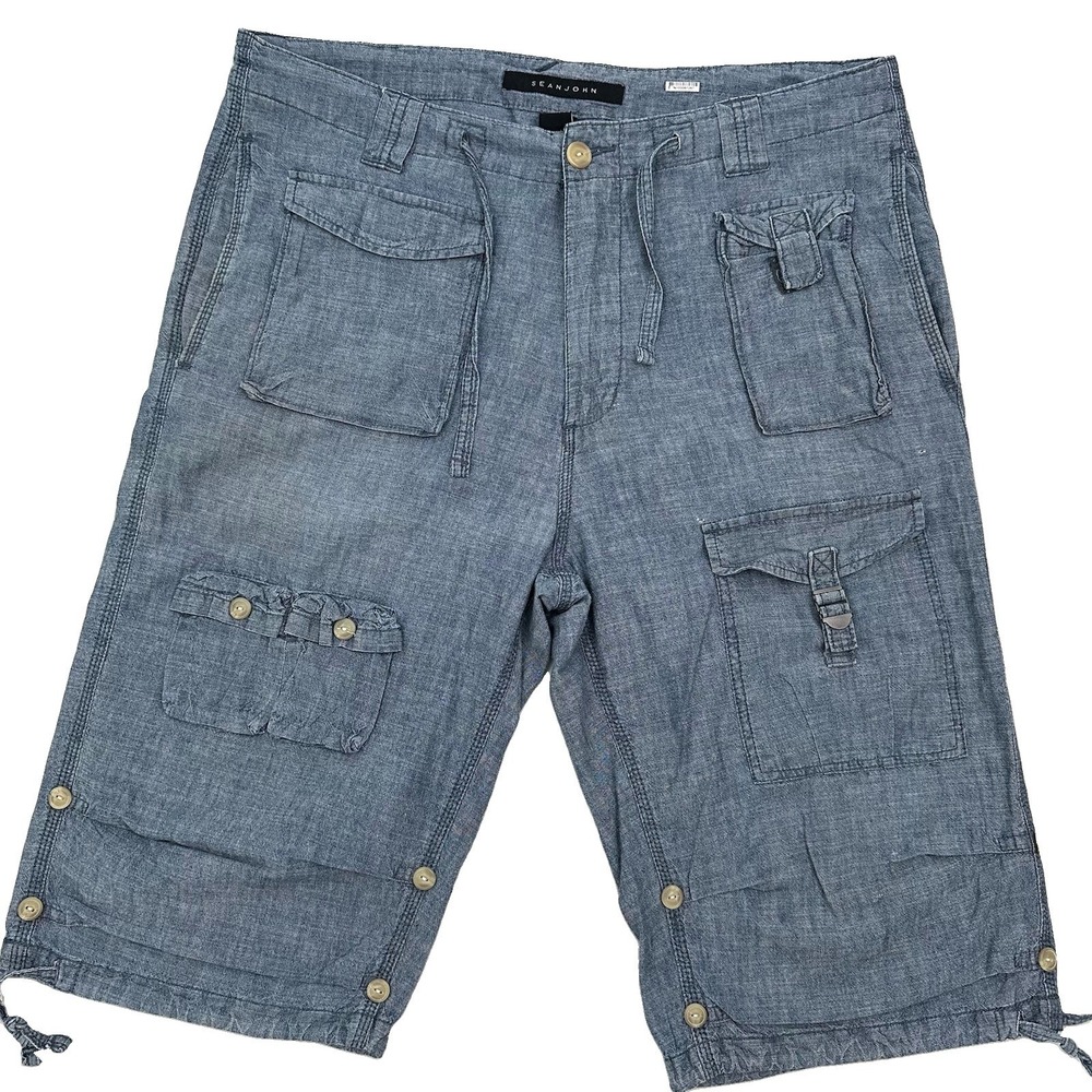 VTG Y2K Sean John Cargo Shorts Men 36 Roll Hem Paratrooper Blue Chambray Pockets